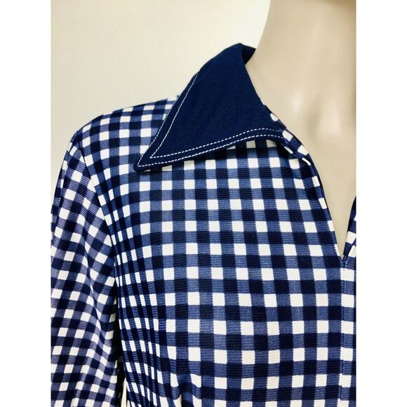 Vintage 60s MOD Academia Blue White Gingham Peekaboo A-Line Dagger Collar Dress - Picture 4 of 9